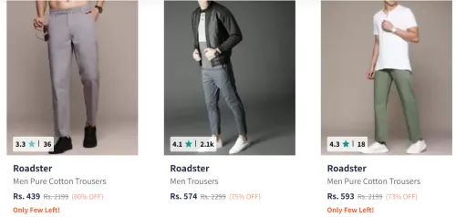 Image of Roadster Men Fashion Trouser Minimum 70% Discount