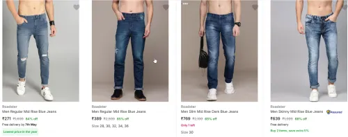 Image of Roadster Men's Blue Jeans Up to 85-90% Discount