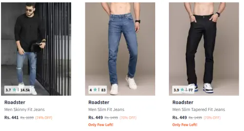 Image of Roadster Men's Skinny Fit Distressed Stretchable Jeans. Starting Price @₹399