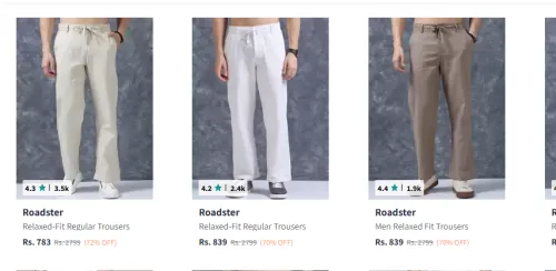 Image of Roadster Men's Trousers At Minimum 70% Discount