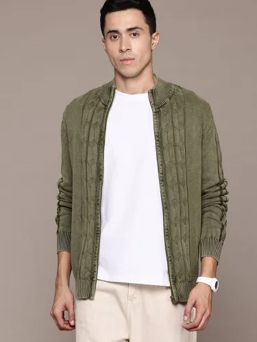 Image of Roadster Men Self Design High Neck Green Sweater