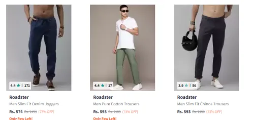 Image of Roadster Men's Trousers at minimum 70% Discount