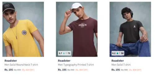 Image of Roadster Men Round Neck T-shirt Starting @ ₹195