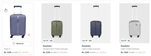 Image of Roadster String Hard-Sided 360-Degree Rotation Cabin Trolley Suitcase - Volume 33 L Starting @ ₹1299