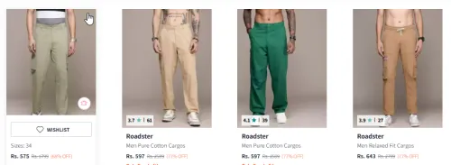 Image of Roadster The Lifestyle Co. Men Pure Cotton Relaxed Cargo Trousers Starting Price @₹575