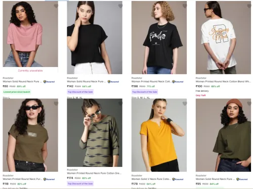 Image of Roadster women's T-shirt starting @ ₹60