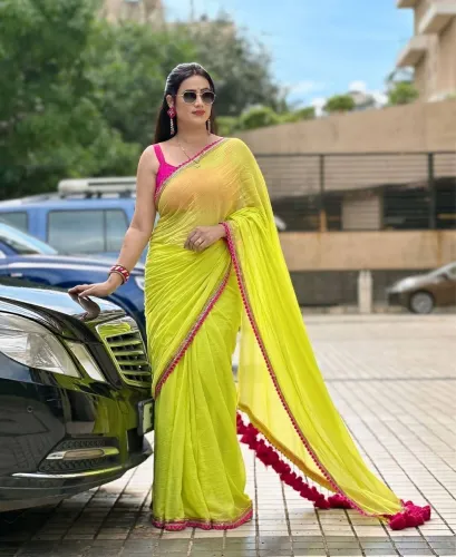Image of sadika Embellished, Embroidered Bollywood Georgette Saree (Yellow, Pink)