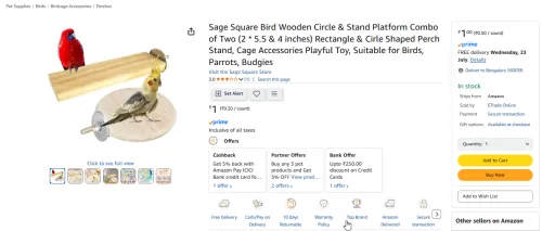 Image of Sage Square Bird Wooden Circle & Stand Platform Combo of Two (2 * 5.5 & 4 inches) Rectangle & Cirle Shaped Perch Stand, 