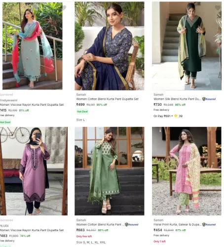 Image of Samah Womens Ethnic Sets (Kurta Pant Dupatta Set) @ Up to 90% Discount