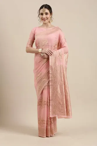 Image of Sareemall Woven Banarasi Linen Saree (Light Blue)