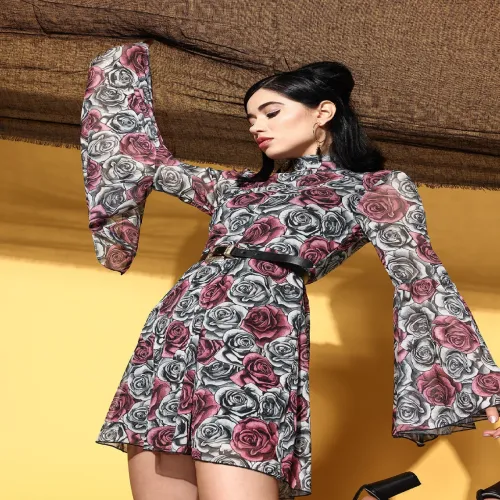 Image of SASSAFRAS Women Grey Floral Sleeve Dress