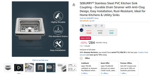 Image of SEBURRY Stainless Steel PVC Kitchen Sink Coupling