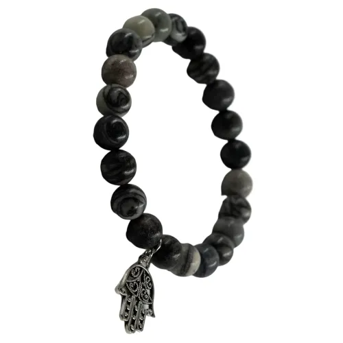 Image of Seetara Jasper Silver Hamsa Bracelet, 8-MM Beads