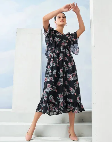 Image of Selvia Women Fit and Flare Black Knee Length Dress
