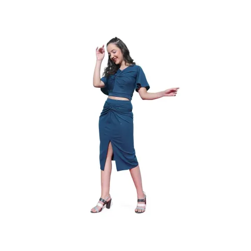 Image of Selvia Women's Lycra V-Neck Casual Bell Sleeve Co-ords Set