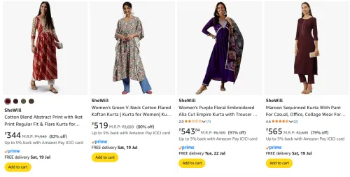 Image of SheWill Women's Kurta at minimum 75% Discount