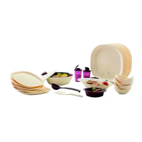 Image of Signoraware Square Plastic Dinner Set, 29 Pieces, Off White/Maroon
