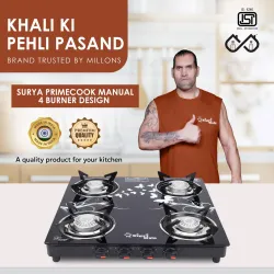 Sigri-wala Surya Primecook Manual Cute Design Toughened Glass Gas Stove Glass Manual Gas Stove (4 Burners)