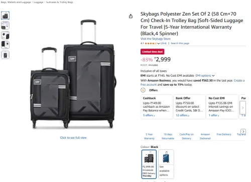 Image of Skybags Zen Soft Trolley Set (58cm + 70cm, Black, 4 Spinner)