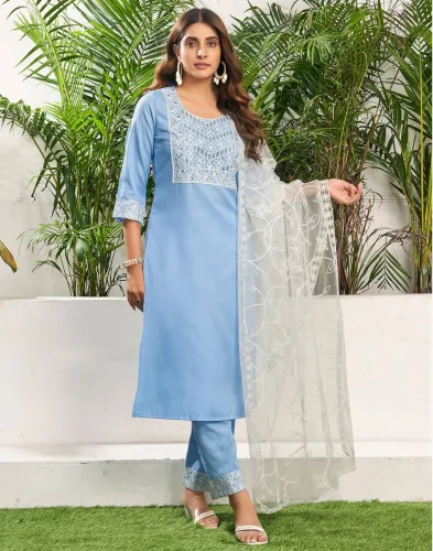Image of Skylee Women Cotton Blend Kurta Pant Dupatta Set