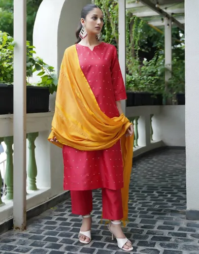 Image of Skylee Women Silk Blend, Jacquard Kurta Pant Dupatta Set