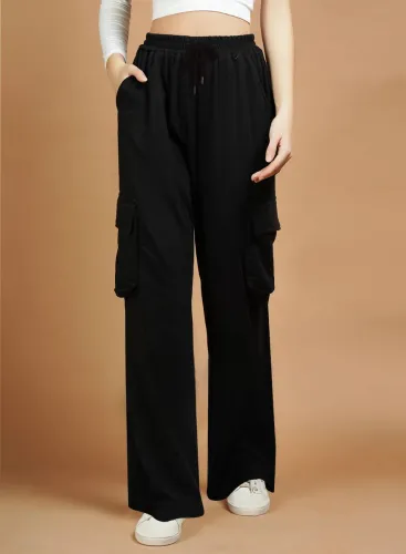 Image of Snapup Women Flared Black Lycra Blend Trousers