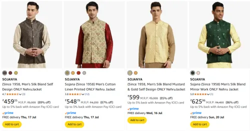 Image of SOJANYA Men's Nehru Jacket at minimum 85% Discount