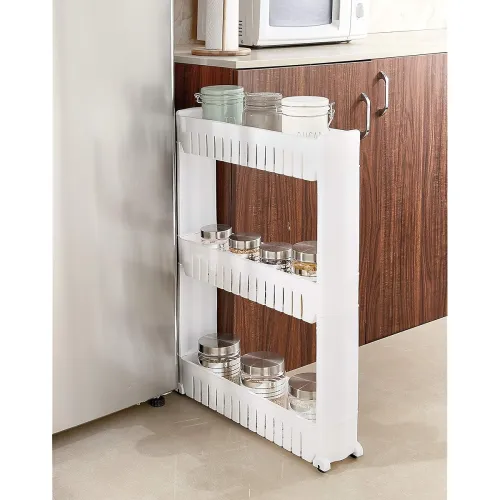 Image of Solimo 3 Layer Slim Storage Organizer Rack with Wheels (White)