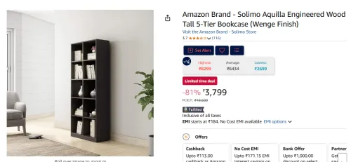 Image of Solimo Aquilla Wood 5-Tier Bookcase