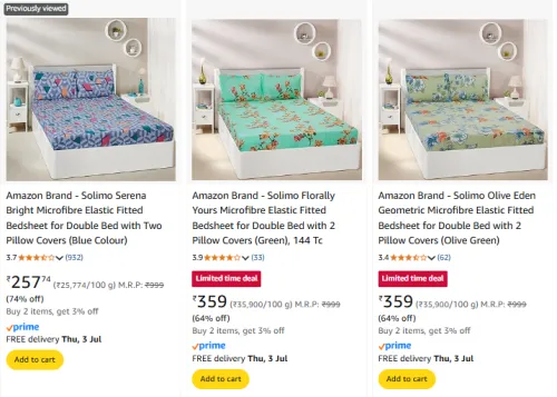 Image of Solimo Serena Bright Fitted Bedsheet (Double Bed, 2 Pillow Covers) @ ₹257