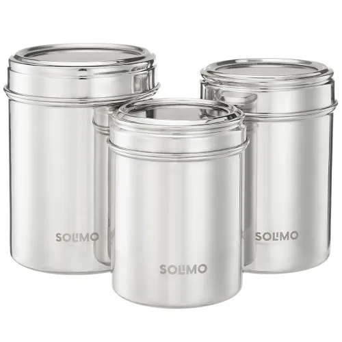 Image of Solimo Stainless Steel Canister Set 600ml, 900ml, and 1200ml, SILVER, Set Of 3