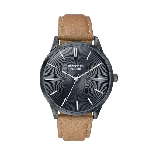 Image of Sonata Poze Quartz Black Dial Tan Leather Strap for Men