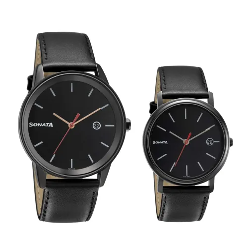 Image of Sonata Quartz Analog Leather Strap Watch Couple