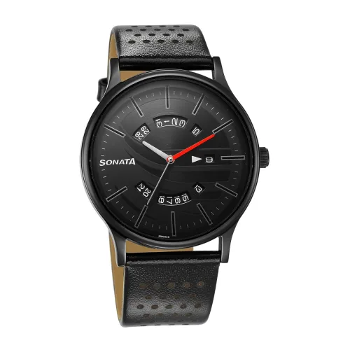 Image of Sonata RPM Black Dial Leather Strap Watch for Men-77105NL06