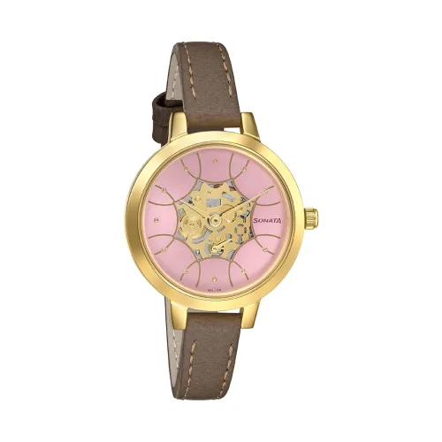 Image of Sonata Unveil Quartz Leather Strap Watch (Women - 8141YL02)
