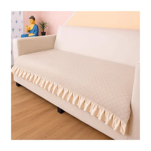 Image of STITCHNEST 1 Seater Quilted Velvet Sofa Cover Beige