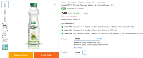 Image of Storia 100% Tender Coconut Water- No Added Sugar (1 L)