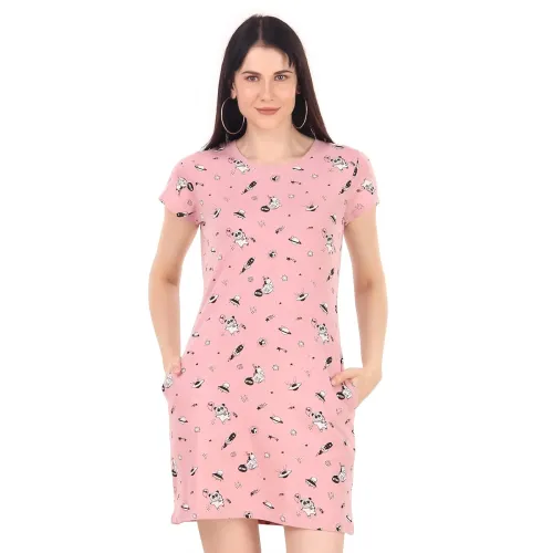 Image of Stories Women Printed Long Tshirt Dress 100% Cotton Knee Length