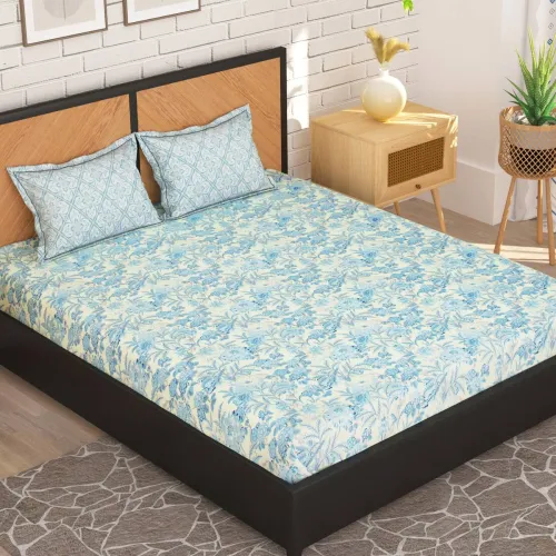 Image of Story@home 180 TC Microfiber Double Printed Flat Bedsheet (Pack of 1, Grey, Cream)