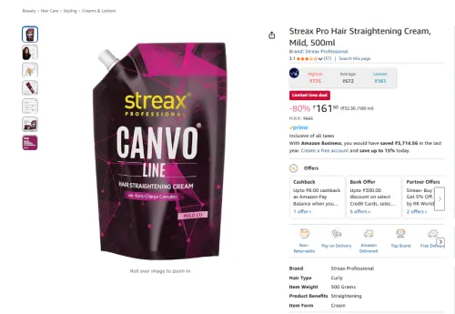 Image of Streax Pro Hair Straightening Cream, Mild, 500ml