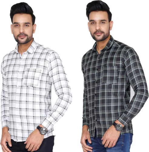 Image of Studio-9 Men Slim Fit Checkered Spread Collar Casual Shirt (Pack of 2)