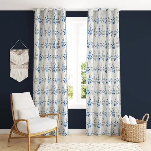 Image of Stuffique Blue Floral Eyelet Window Curtains