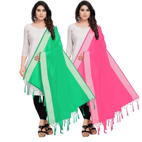 Image of StyleScope Women's Cotton Blend Silver Zari Border Dupatta