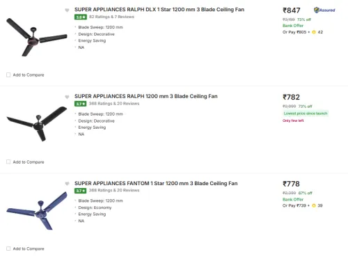Image of Super Appliances 1200mm Ceiling Fan @ start ₹782