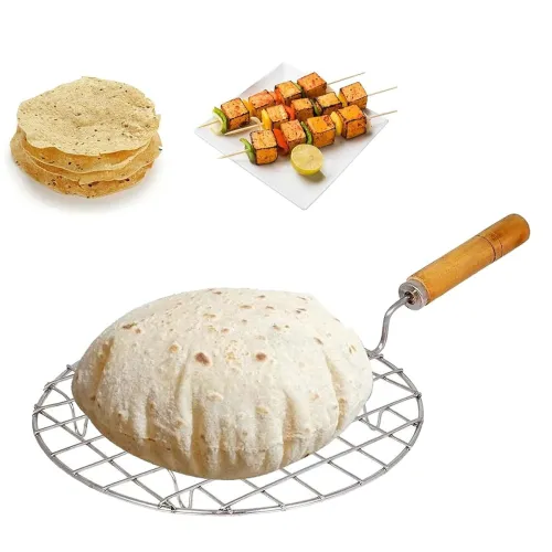 Image of Suzec Wire Round Wooden Handle Roaster Papad Jali, Paneer Grill, Roti Maker