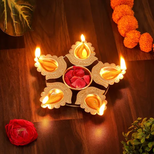Image of SWAY Home Decor Golden Metal 5 Urli Diya Set
