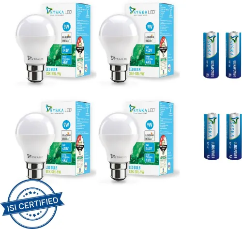 Image of Syska 9 W Standard B22 LED Bulb (White, Pack of 4)