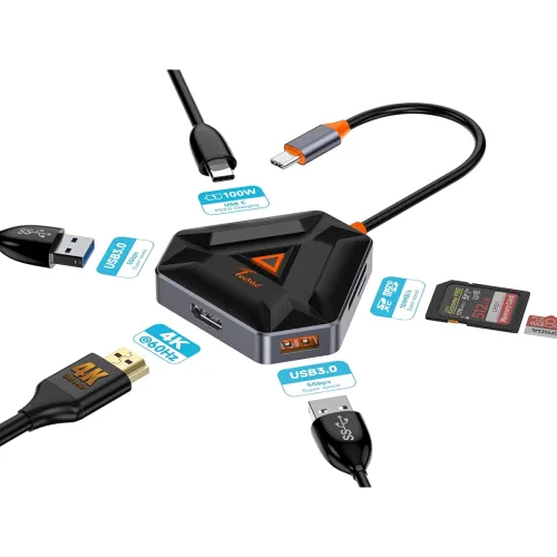 Image of TECHIE 6-in-1 USB Hub (4K HDMI, 100W PD, Hexagon Shape)