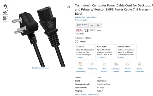 Image of Technotech Computer Power Cable Cord
