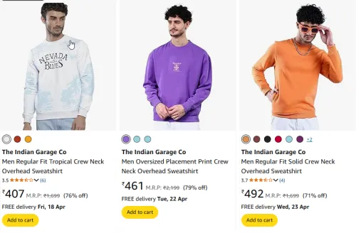 Image of The Indian Garage Co Men Crew Neck Overhead Sweatshirt Starting Price At @ ₹ 407